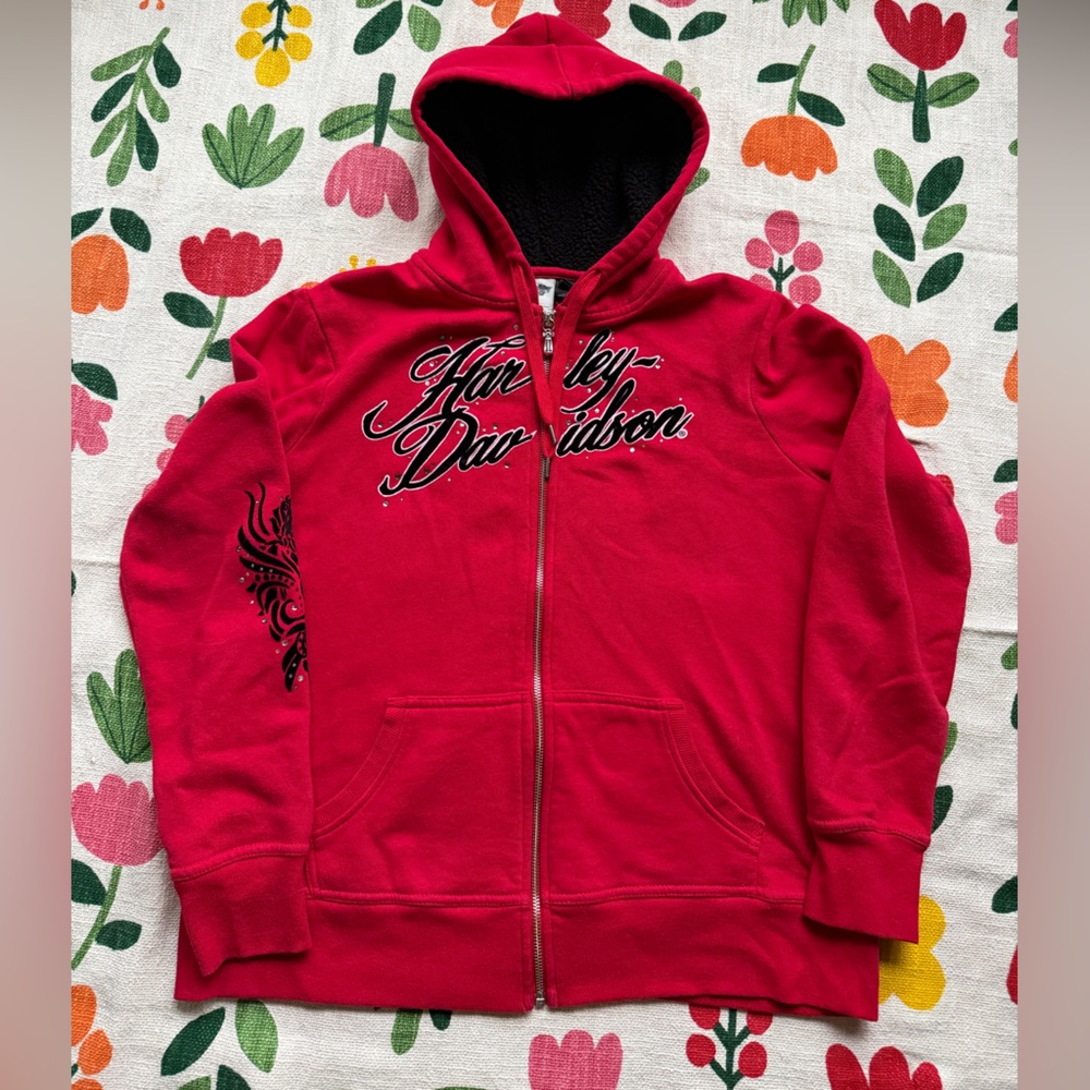 Harley-Davidson Red Zip-Up Hoodie. Sherpa in hood. Size XL